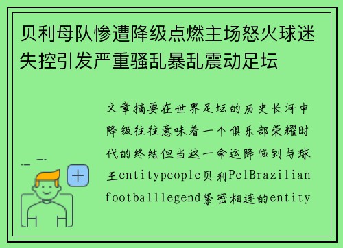 贝利母队惨遭降级点燃主场怒火球迷失控引发严重骚乱暴乱震动足坛